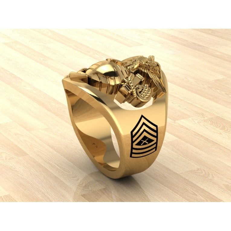 CUSTOM 14K GOLD MARINE CORPS RING WITH RANK AND YEARS OF SERVICE - MR100 HIGH DEFINITION SOLID 14K GOLD