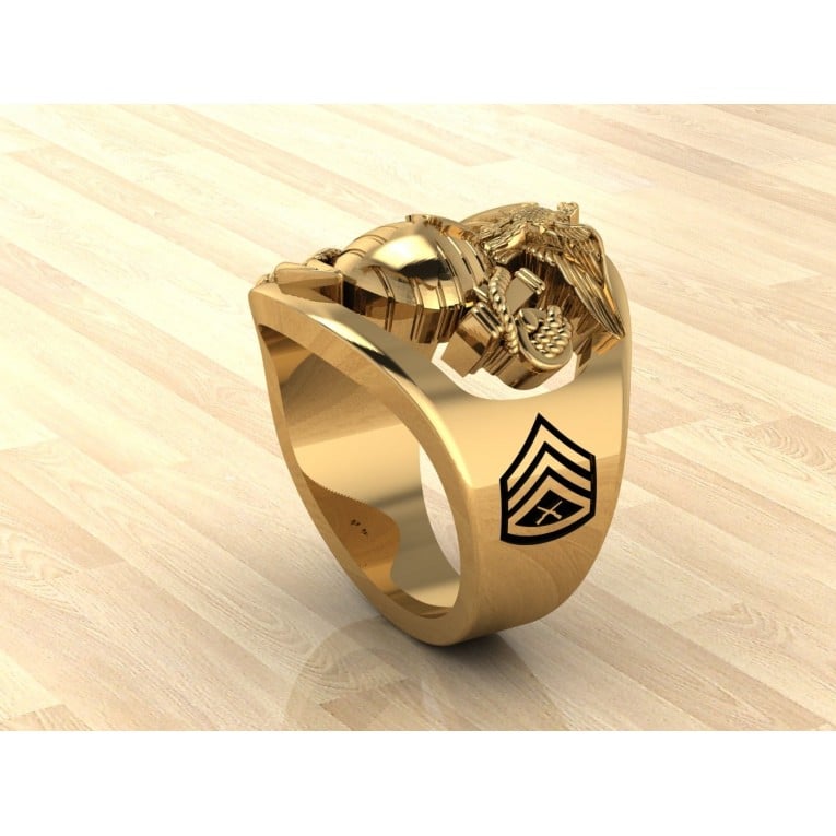 CUSTOM 14K GOLD MARINE CORPS RING WITH RANK AND YEARS OF SERVICE - MR100 HIGH DEFINITION SOLID 14K GOLD