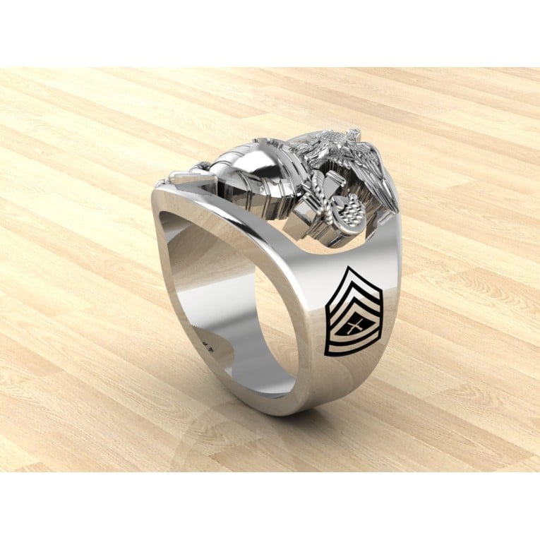 CUSTOM 14K GOLD MARINE CORPS RING WITH RANK AND YEARS OF SERVICE - MR100 HIGH DEFINITION SOLID 14K GOLD