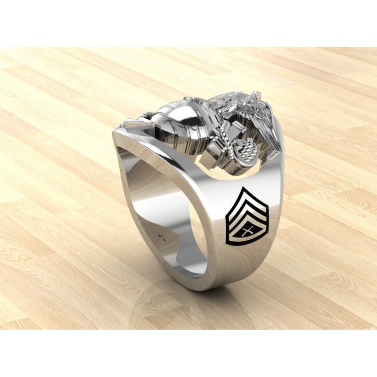 CUSTOM 14K GOLD MARINE CORPS RING WITH RANK AND YEARS OF SERVICE - MR100 HIGH DEFINITION SOLID 14K GOLD
