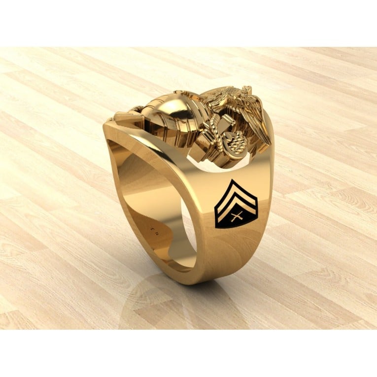 CUSTOM 14K GOLD MARINE CORPS RING WITH RANK AND YEARS OF SERVICE - MR100 HIGH DEFINITION SOLID 14K GOLD