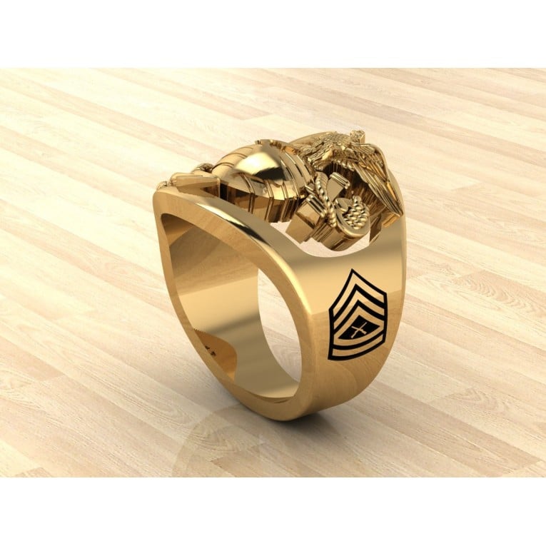 CUSTOM 14K GOLD MARINE CORPS RING WITH RANK AND YEARS OF SERVICE - MR100 HIGH DEFINITION SOLID 14K GOLD