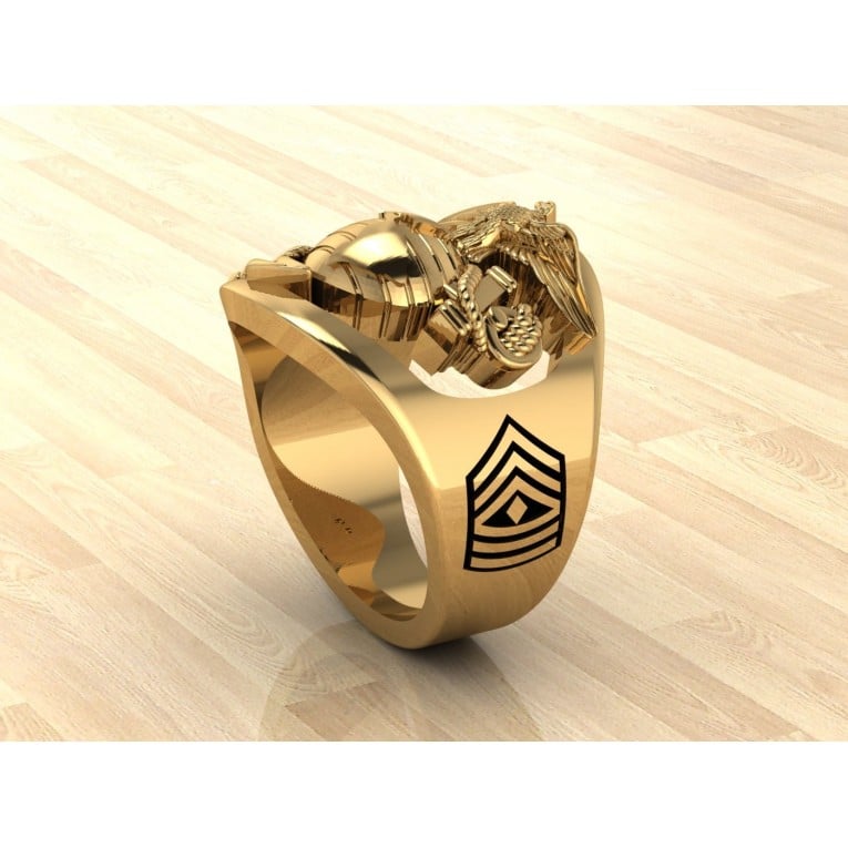 CUSTOM 14K GOLD MARINE CORPS RING WITH RANK AND YEARS OF SERVICE - MR100 HIGH DEFINITION SOLID 14K GOLD
