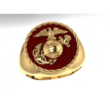 GOLD 3/4 INCH WIDE MARINE CORPS RING WITH RED BACKGROUND