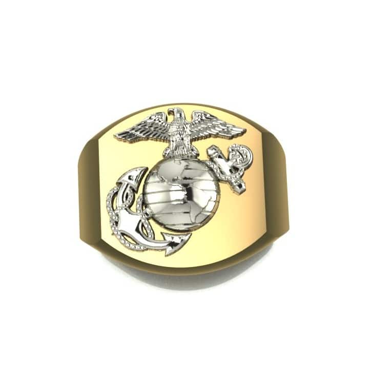 LARGE TWO TONE 10K GOLD MARINE CORPS RING WITH WHITE GOLD EAGLE GLOBE AND ANCHOR