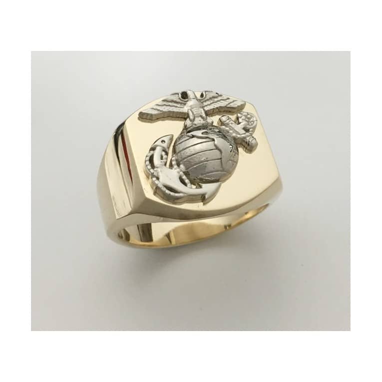 LARGE TWO TONE 14K YELLOW GOLD MARINE CORPS SIGNET RING WITH WHITE GOLD EAGLE GLOBE AND ANCHOR
