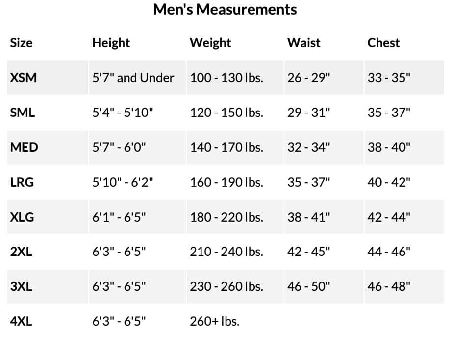 Mens sizing