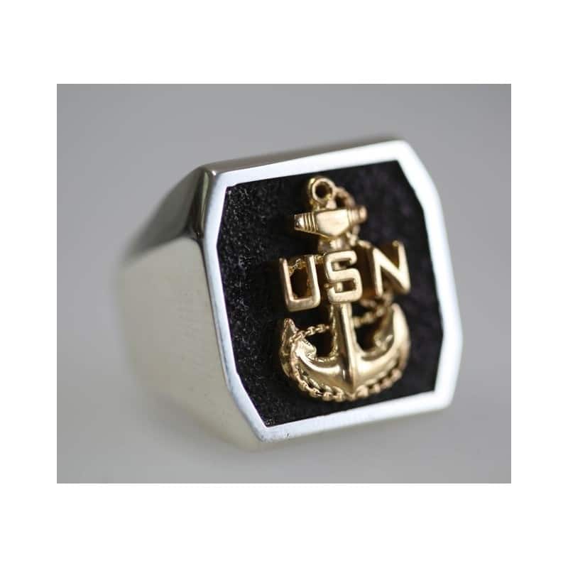 Sterling Silver USN Chief Ring With 14K Yellow Gold anchor