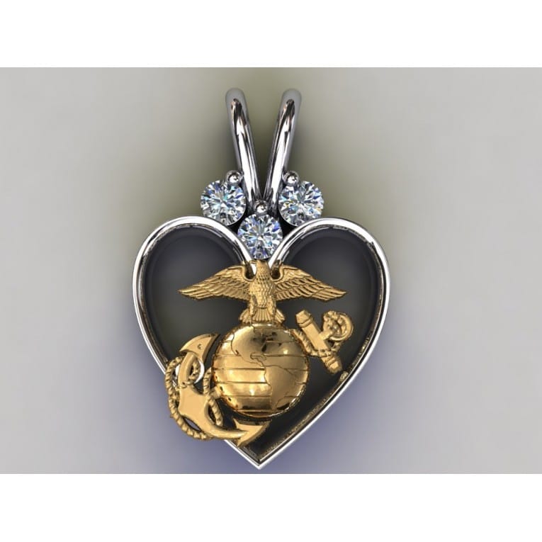14K GOLD MARINE CORPS HEART PENDANT WITH 3 BEAUTIFUL DIAMONDS