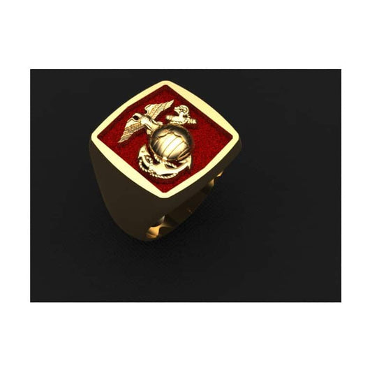 10K GOLD MARINE CORPS RING WITH RED BACKGROUND