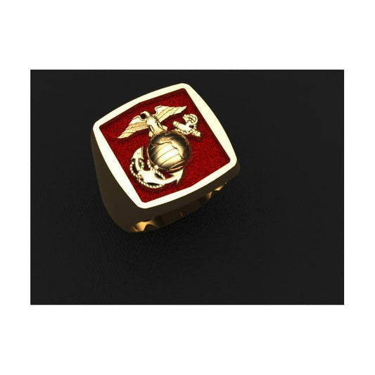 18K GOLD MARINE CORPS RING WITH RED BACKGROUND