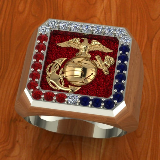 BEAUTIFUL SOLID 18K WHITE GOLD MARINE CORPS RING WITH CHATHAM RED, WHITE AND BLUE SAPPHIRES