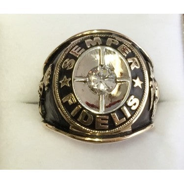 CUSTOM 14K GOLD MARINE CORPS RING WITH CENTER DIAMOND