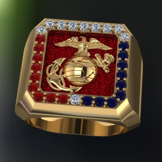 CUSTOM 18K YELLOW GOLD MARINE CORPS RING W RED WHITE AND BLUE