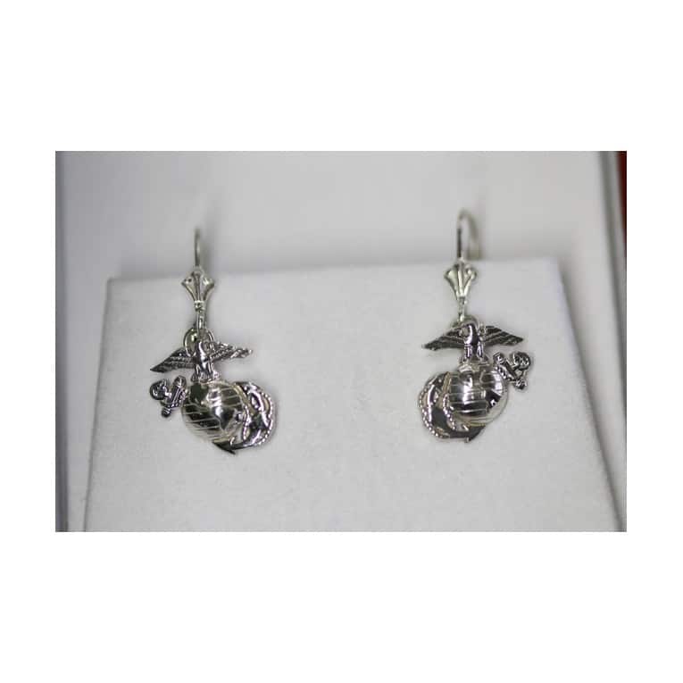 HANDCRAFTED STERLING SILVER 3/4 INCH MARINE CORPS EARRINGS WITH LEVER BACKS