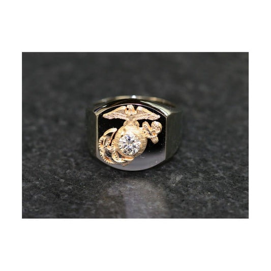 LARGE TWO TONE GOLD MARINE CORPS RING WITH 1/2 CARAT DIAMOND