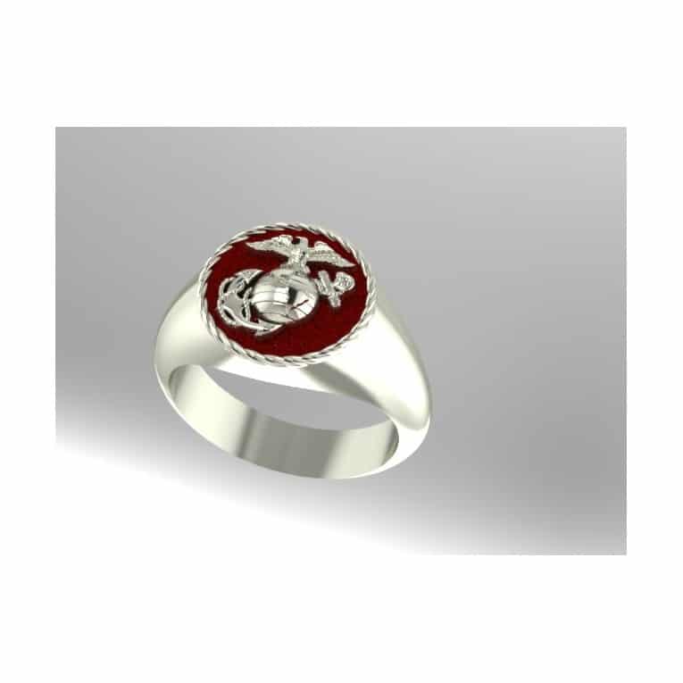 SILVER 1/2 INCH WIDE MARINE CORPS RING WITH RED BACKGROUND