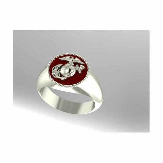 SILVER 1/2 INCH WIDE MARINE CORPS RING WITH RED BACKGROUND