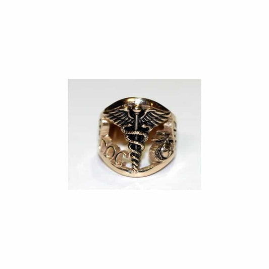 YELLOW GOLD CORPSMAN RING FMF "DOC" WITH EAGLE GLOBE AND ANCHOR