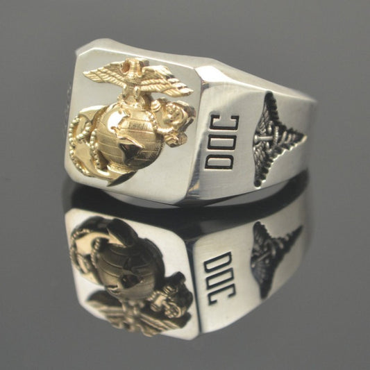 TWO TONE GOLD CORPSMAN RING "DOC" WITH EAGLE GLOBE AND ANCHOR