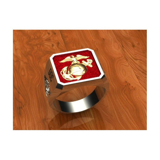 TWO TONE GOLD FMF CORPSMAN "DOC" RING WITH RED BACKGROUND